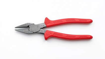 Fototapeta premium Single red metal plier featuring rubber grips isolated on a white backdrop, viewed from above. Concept related to construction or fixing.