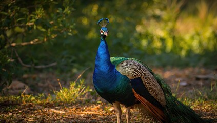 Fototapeta premium Vibrant and balanced male peacock basking in sunlight