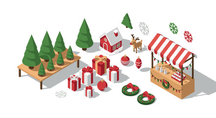 Naklejka premium Festive christmas market with trees, gifts, and decorations in isometric design