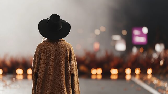 Back view of a woman wearing a brown coat and black hat standing on a misty street with bokeh city lights and fall decorations, cinematic autumn mood.