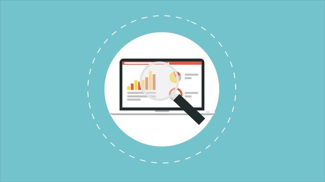 Laptop Showing Chart Analyzed with Magnifying Glass on Blue Circle vector Business Analysis Concept high quality professional