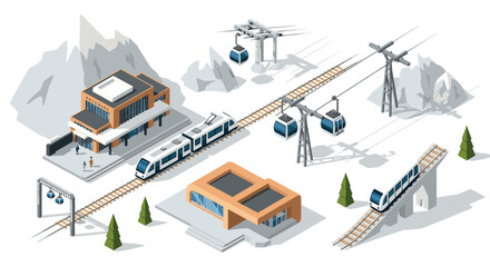 Fototapeta premium Modern isometric winter mountain railway with cable cars and stations