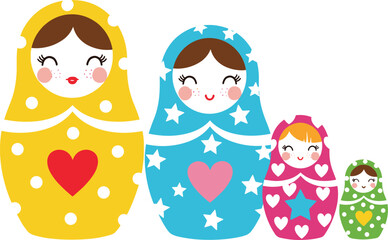 Cute Matryoshka Russian Nesting Dolls Vector Illustration Set