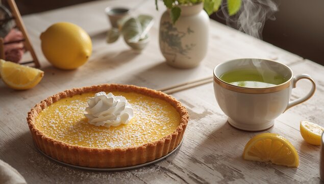 Tasty lemon custard tart served with a cup of green tea on a vintage white surface