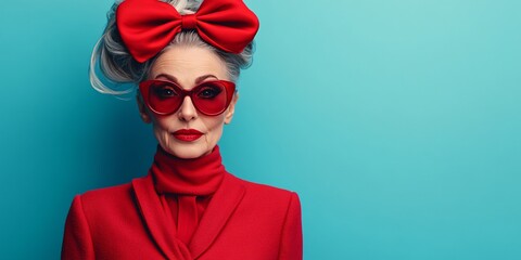 elegant senior woman in red fashion with big bow and sunglasses lifestyle portrait