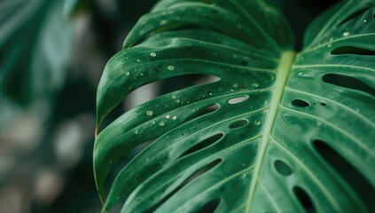 Fototapeta premium Detailed view of a lush monstera leaf in tropical green