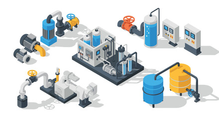 Obraz premium Industrial processing plant equipment in isometric design with modern technology elements