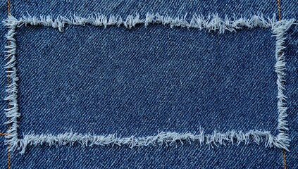 Frame of bleached denim fabric with fringed edges and orange stitching on a blue denim backdrop, featuring space for text.