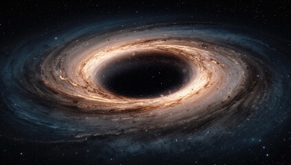 3D abstract science visualization featuring a central vortex encircled by a dark mass, emitting energy streams and a rotating ring of particles.