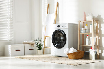 Laundry room interior with washing machine, detergents and houseplant
