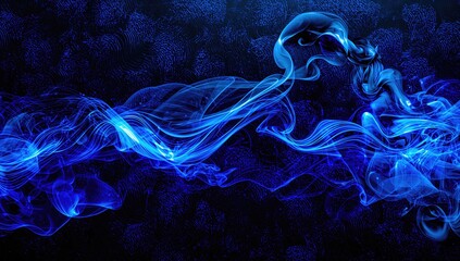 Abstract artwork on a plain white backdrop showcasing captivating black wave patterns highlighted with bright blue hues and a flickering light effect