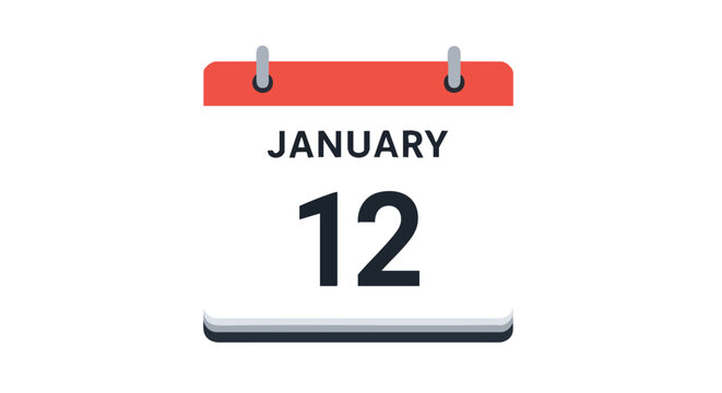 Stylized calendar icon displaying January 12th, ideal for event planning and reminders with clear, modern design, easy to understand and visually
