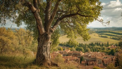 Naklejka premium Black Poplar Tree (Populus nigra) in a Rural Village within a Spanish Autonomous Region, Europe