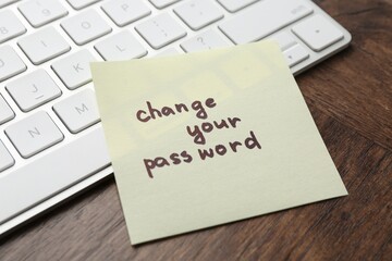 Note with phrase Change your password and keyboard on wooden desk, closeup