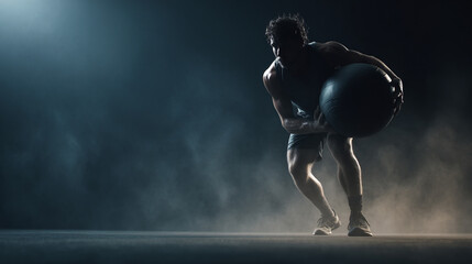 Dynamic Fitness: Man Weight Training in Foggy Studio Silhouette - High Intensity Workout & Sculpted Muscle Performance