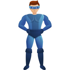 Cartoon Style Male Superhero Standing Confidently With Hands On Hips Wearing A Blue Mask And Bodysuit With Matching Boots And Gloves On Transparent Background