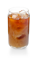 Tasty iced coffee with milk in glass isolated on white