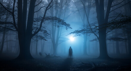 Obraz premium Eerie Haunted Forest at Night with Fog, Mysterious Light Shining Through Trees and a Figure in the Mist, Moody Blue Atmosphere