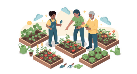 Family gardening together in lush vegetable garden with raised beds and sunny skies