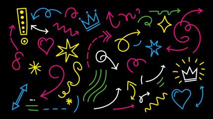 Neon Doodle Elements Set, Glowing Arrows, Stars, Hearts, and Crowns on Black.