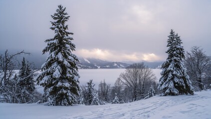 Fototapeta premium Winter landscape with trees blanketed in snow