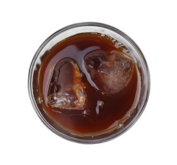 Tasty coffee with ice cubes isolated on white, top view