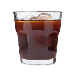 Tasty coffee with ice cubes isolated on white