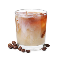Tasty iced coffee with milk and beans isolated on white