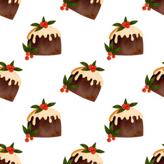 Seamless Christmas pattern. Chocolate cake. Christmas pie decorated with icing, holly, and red berries. Winter festive fruitcake, fruit dessert. Watercolor illustration.