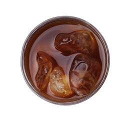 Tasty coffee with ice cubes isolated on white, top view