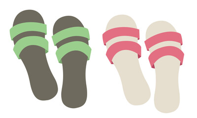 Casual slipper vector set in different colors. Slipper clipart in flat cartoon style. Bathroom accessories, household item, footwear clipart. Flat vector isolated on white background.