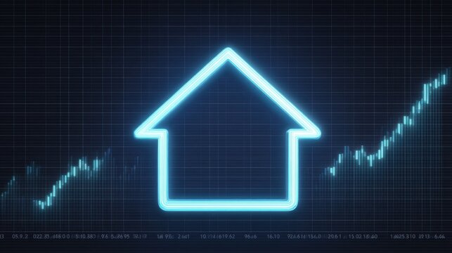 Neon Home Icon Overlay on Financial Data Screen with Rising Graph Visualization Representing Real Estate Trends and Market Analysis