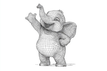 Cheerful elephant with wireframe design waving hello, perfect for bringing a playful touch to your projects or adding a unique element to your next design