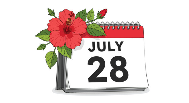 July 28th Floral Calendar Reminder: Tropical hibiscus adorns a stylized calendar marking the date, suitable for event promotion or greeting design - Powered by Adobe