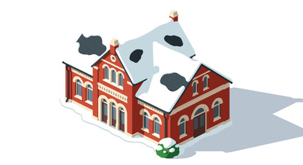 Naklejka premium Snow-covered brick house in winter isometric design with victorian style