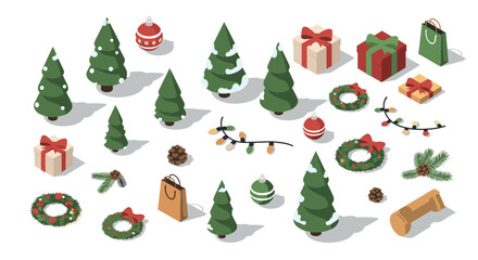Fototapeta premium Festive christmas elements with gifts, trees, and decorations in isometric style