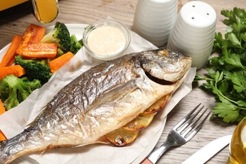 Tasty grilled fish served with vegetables and sauce on wooden table, closeup