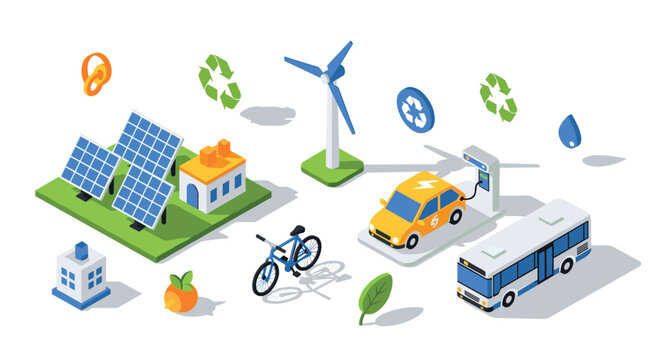 Isometric renewable energy scene with solar panels and electric vehicles