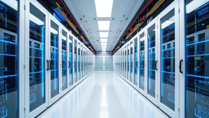 High tech data center with rows of server racks, illuminated by blue lights, showcasing advanced technology and modern infrastructure
