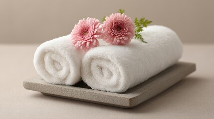 Elegant Spa Arrangement with Rolled White Towels and Pink Flowers on a Neutral Background for Relaxation and Wellness Themes