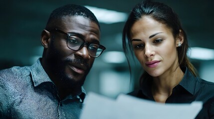 Two professionals a man and a woman intently examine documents together in a modern indoor setting suggesting collabo n and analysis