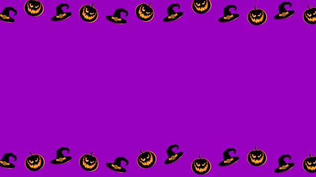 Purple Halloween border background with witch hats and pumpkins leaving center copy space area.