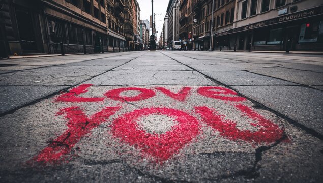 Red graffiti on pavement expressing genuine affection in Cyrillic script saying 'Love you!'