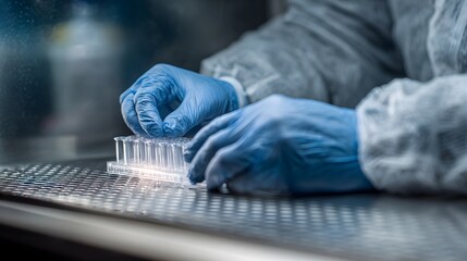 Hands in blue gloves working with sterile vials in a laboratory