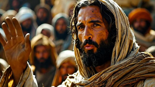 Jesus Christ, a central figure in Christianity, depicted speaking to a crowd with his hand raised in a gesture of teaching or blessing