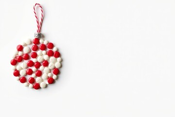 The Christmas balls made of various red and white pills on white background. The creative concept of medicine and celebration. AI generated
