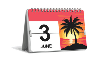 Calendar Displaying June 3rd with Tropical Sunset, Representing Summer Vacation and Tropical Getaway Planning