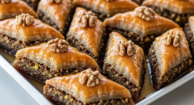 Close-up of baklava on a tray, triangular pastries, topped with walnuts, layered with nuts and syrup, glistening