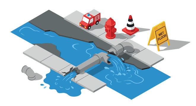 Isometric diagram of emergency response to broken water pipe with fire truck and warning signs