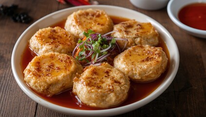 Fototapeta premium Tasty homemade Chinese meal featuring fried eggs paired with five types of fillets